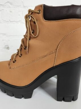 BAMBOO Tan Lace-Up Lug-Heel Ankle Boots